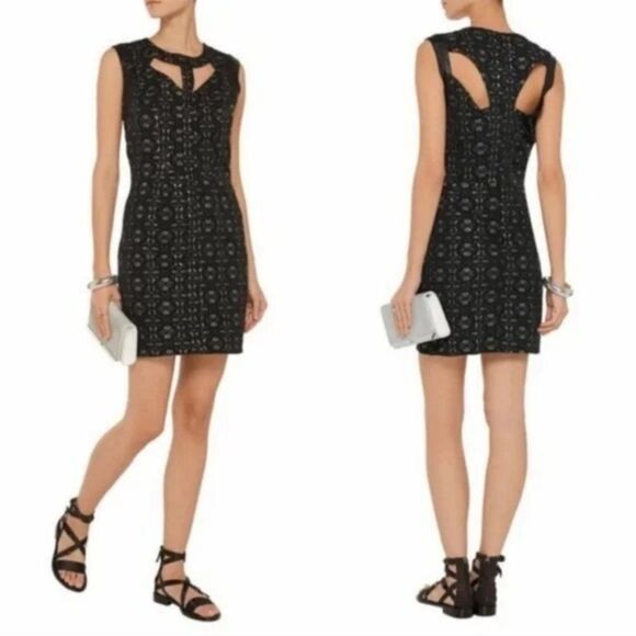 Maje Black Eclair Metallic Leather Trim Cutout‎ Sleeveless Mini Sheath Dress S - Picture 1 of 10